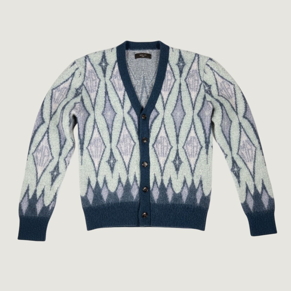 Amiri Blue Diamond Jacquard Mohair Blend Cardigan Sweater Mens Large Italy